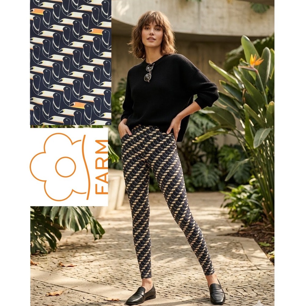 Farm Rio Toucan Print High Waisted Leggings Navy Cream Orange Size P Small Rare